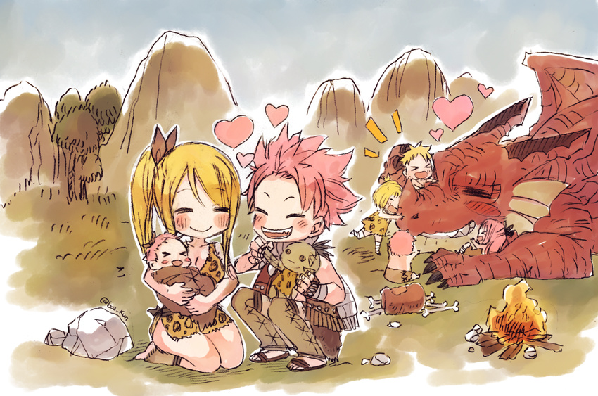 blue_hair dragon fairy_tail family fire food if_they_mated igneel lucy_heartfilia meat multiple_boys multiple_girls natsu_dragneel red_hair rusky