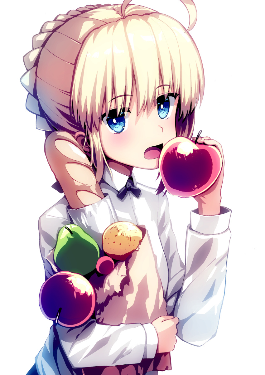 1girl absurdres ahoge apple artoria_pendragon_(all) bag baguette bangs black_neckwear blonde_hair blue_eyes blush braid bread breasts commentary_request eyebrows_visible_through_hair fate/stay_night fate_(series) food fruit highres holding holding_bag holding_food holding_fruit long_sleeves looking_at_viewer open_mouth peach red_apple ribbon saber shirt short_hair simple_background small_breasts solo tranquillianusmajor upper_body white_background white_shirt