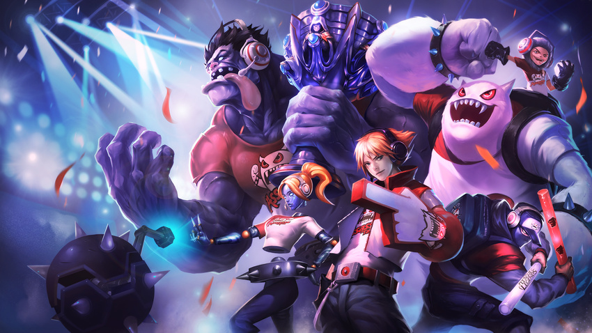 backpack bag bracelet confetti dr._mundo ezreal floodlights foam_finger headphones headset highres indoors jacket jewelry league_of_legends mask nunu official_art orianna_reveck purple_skin red_hair shen snowball spiked_bracelet spikes spotlight stadium summoner's_cup taipei_assassins tongue tongue_out trophy willump yeti_(creature)