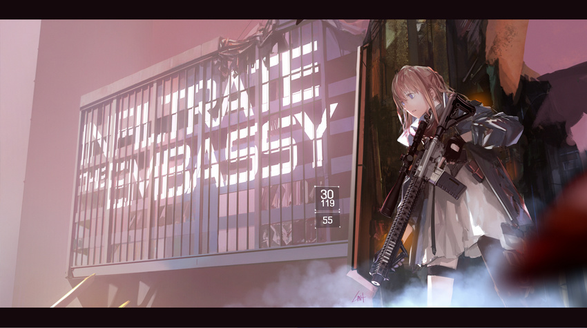 ar-15 artist_name assault_rifle asymmetrical_legwear bad_anatomy bangs black_gloves black_legwear blue_eyes blurry brown_hair depth_of_field dress fingerless_gloves girls_frontline gloves gun hiding highres holding holding_gun holding_weapon jacket letterboxed lin+ long_hair long_sleeves number outdoors parted_lips rifle shipping_container signature smoke solo st_ar-15_(girls_frontline) stanag_magazine standing thigh_strap tom_clancy's_the_division trigger_discipline weapon white_dress