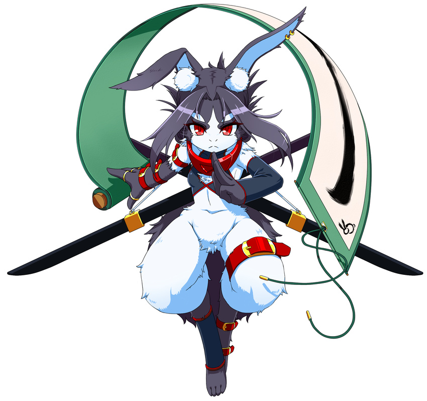 boots bottomless copyright_request furry goushu kunoichi long_hair ninja rabbit red_eyes scroll