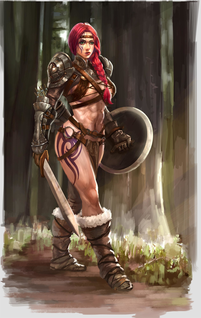 abs amazon artist_request braid female green_eyes muscle red_hair shield solo sword tattoo tattoos weapon