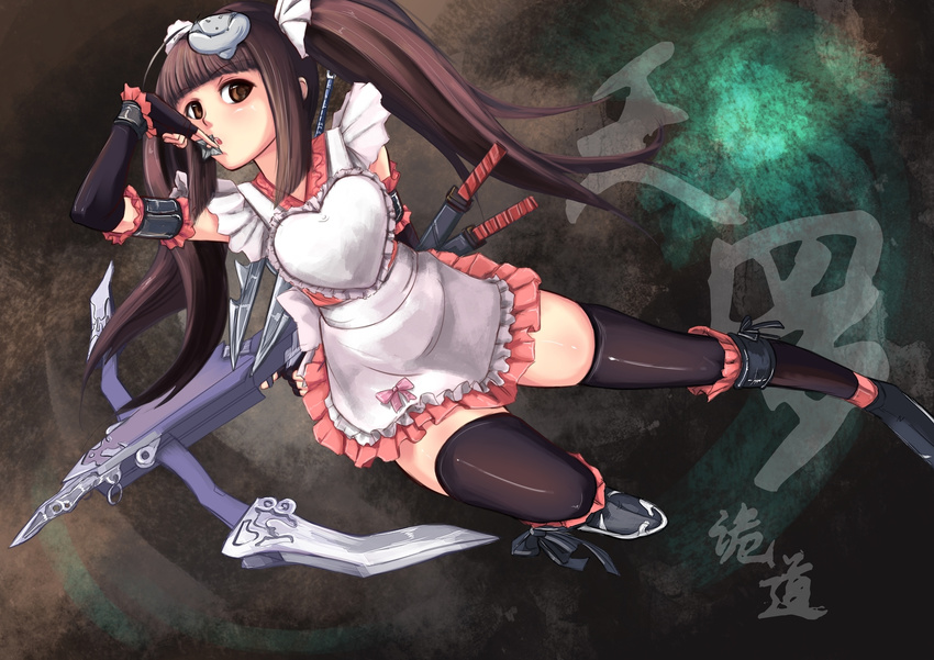 absurdres akimbo apron black_socks boots bow_(weapon) brown_eyes brown_hair elbow_gloves highres inscription kimochi_(artist) knife long_hair looking_at_viewer ninja original shou_mai solo sword thighhighs twintails weapon zettai_ryouiki