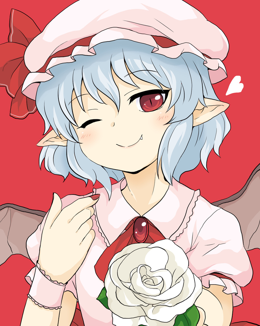 aoi_tobira bat_wings blue_hair bow brooch fang flower hat hat_bow highres jewelry mob_cap nail_polish one_eye_closed pointy_ears red_background red_eyes red_nails remilia_scarlet rose solo touhou white_flower white_rose wings