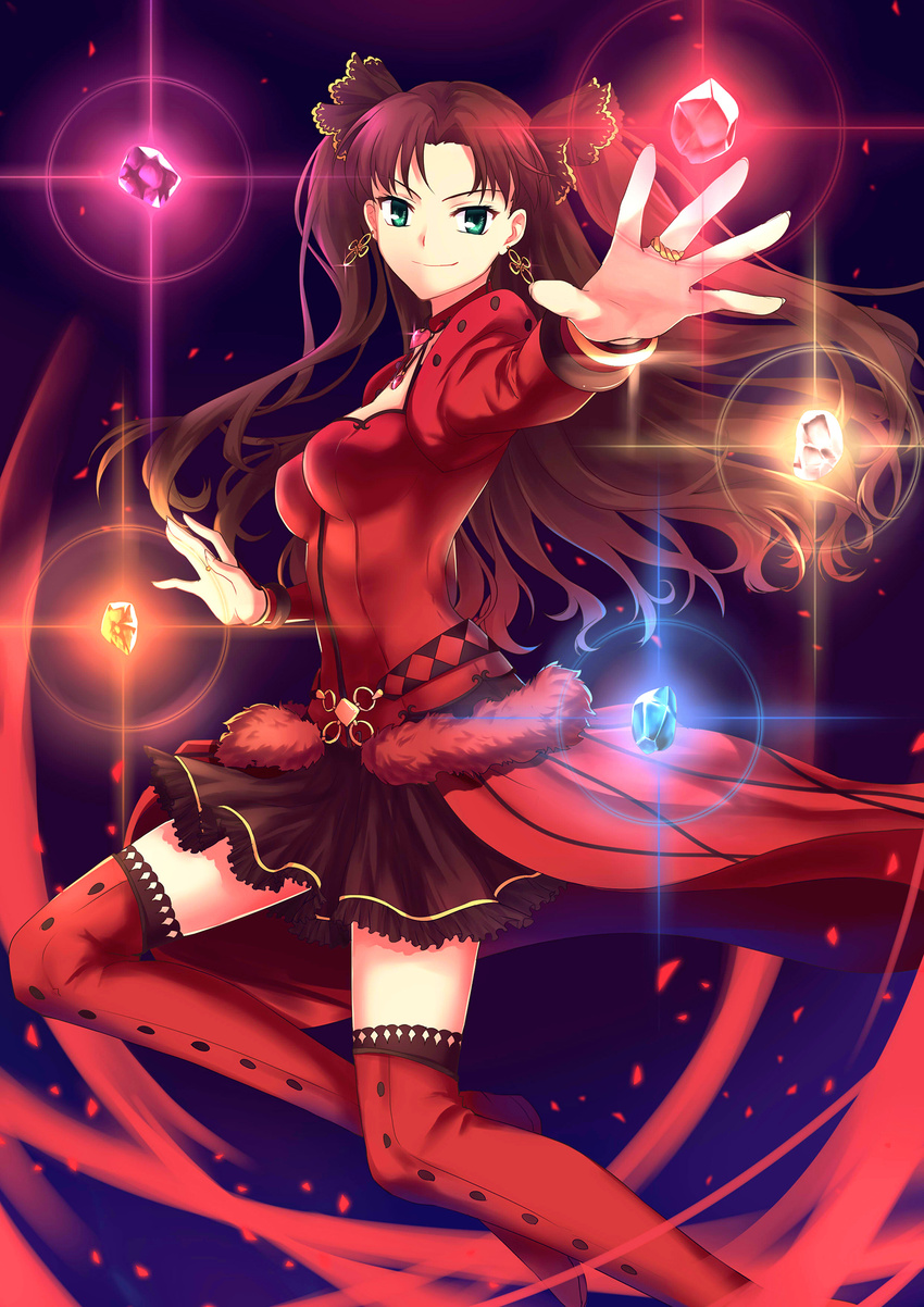 boots bracelet breasts brown_hair earrings fate/grand_order fate/stay_night fate_(series) formalcraft gem gogatsu_fukuin green_eyes grin hair_ribbon highres jewelry long_hair medium_breasts red_footwear red_legwear ribbon ring skirt smile solo thigh_boots thighhighs toosaka_rin zettai_ryouiki