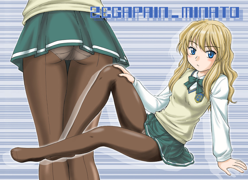 ass back-seamed_legwear blonde_hair blue_eyes character_name copyright_name crotch_seam feet long_hair minato miniskirt multiple_views panties panties_under_pantyhose pantyhose school_uniform seamed_legwear skirt sweater underwear upskirt wan'yan_aguda zegapain