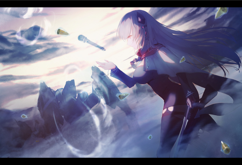 1girl battle_rifle black_legwear breasts bullet closed_mouth commentary_request dutch_angle from_side g3_(girls_frontline) girls_frontline gun h&amp;k_g3 highres large_breasts letterboxed long_sleeves muike outdoors pink_eyes profile rifle silver_hair solo thighhighs weapon