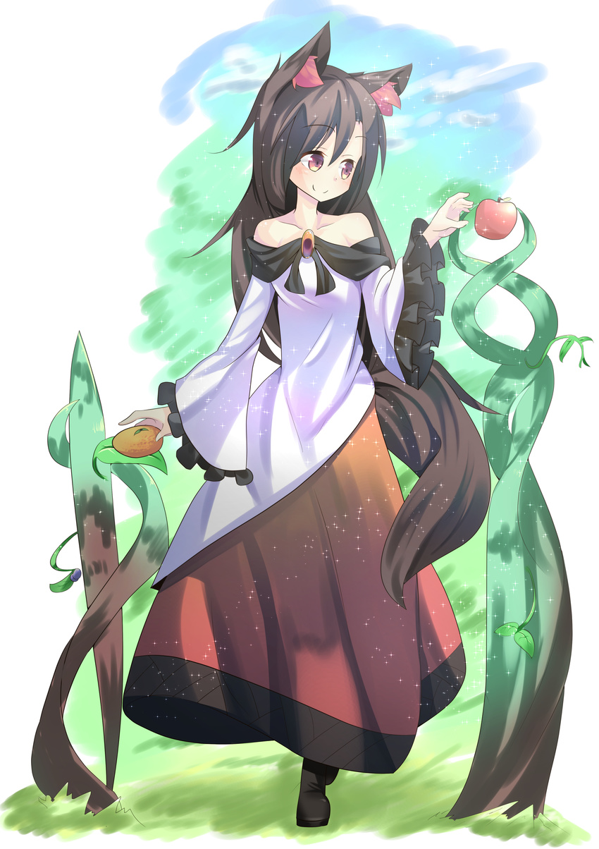 absurdres animal_ears aranagi_(arng_4401) bamboo brooch brown_hair collarbone dress food fruit highres imaizumi_kagerou jewelry light_smile long_sleeves looking_away red_eyes solo tail touhou wide_sleeves wolf_ears wolf_tail