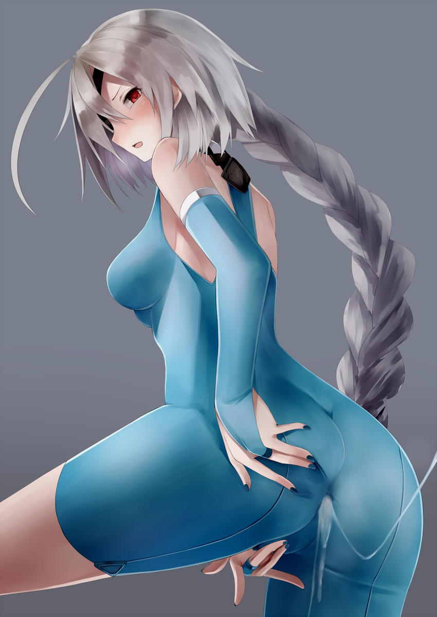 ahoge arc_system_works ass bare_shoulders blazblue blush bodysuit braid breasts breath bridal_gauntlets deep_skin eyepatch from_behind hand_on_ass heavy_breathing inaba_sunimi large_breasts long_hair looking_at_viewer nail_polish nu-13 open_mouth red_eyes sideboob silver_hair single_braid skin_tight solo suggestive_fluid through_clothes unitard very_long_hair
