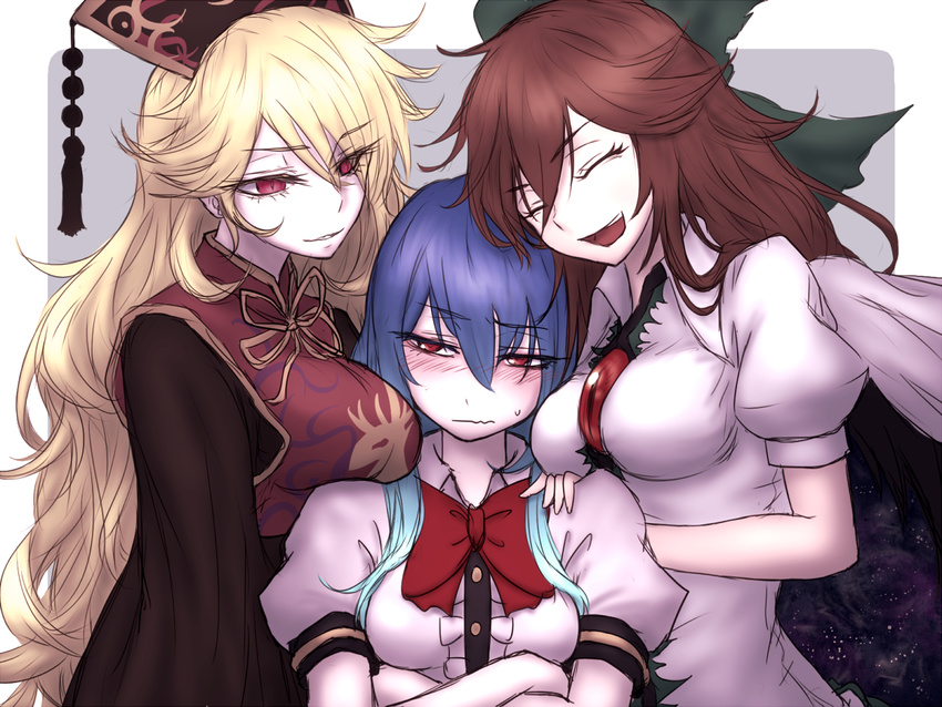 black_dress black_wings blonde_hair blue_hair blush brown_hair chinese_clothes closed_eyes crossed_arms dress full-face_blush girl_sandwich grey_background grin hair_ribbon hat hinanawi_tenshi junko_(touhou) long_hair long_sleeves looking_at_another miata_(miata8674) multiple_girls no_hat no_headwear open_mouth puffy_sleeves red_eyes reiuji_utsuho ribbon sandwiched shirt short_sleeves simple_background smile sweatdrop tabard third_eye touhou turtleneck upper_body very_long_hair wavy_mouth wings