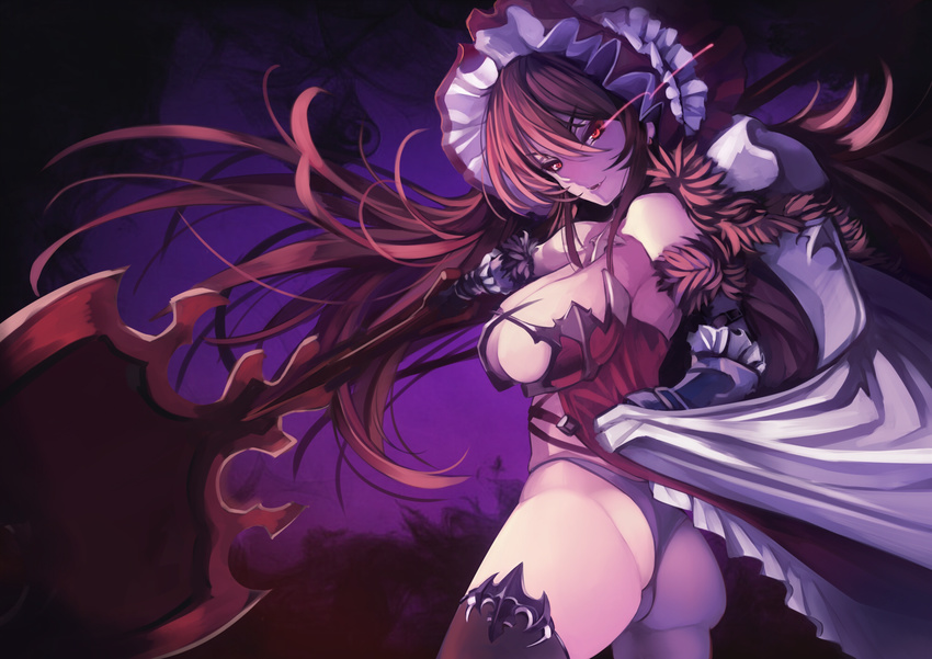 ass black_legwear bonnet breasts cowboy_shot dress fang_out floating_hair frills fur_trim gauntlets hair_between_eyes highres holding holding_weapon ilya_ornstein large_breasts long_hair looking_at_viewer looking_back night outstretched_arm panties parted_lips polearm princess_connect! purple_panties red_eyes red_hair shade solo strapless tahnya thighhighs underwear weapon