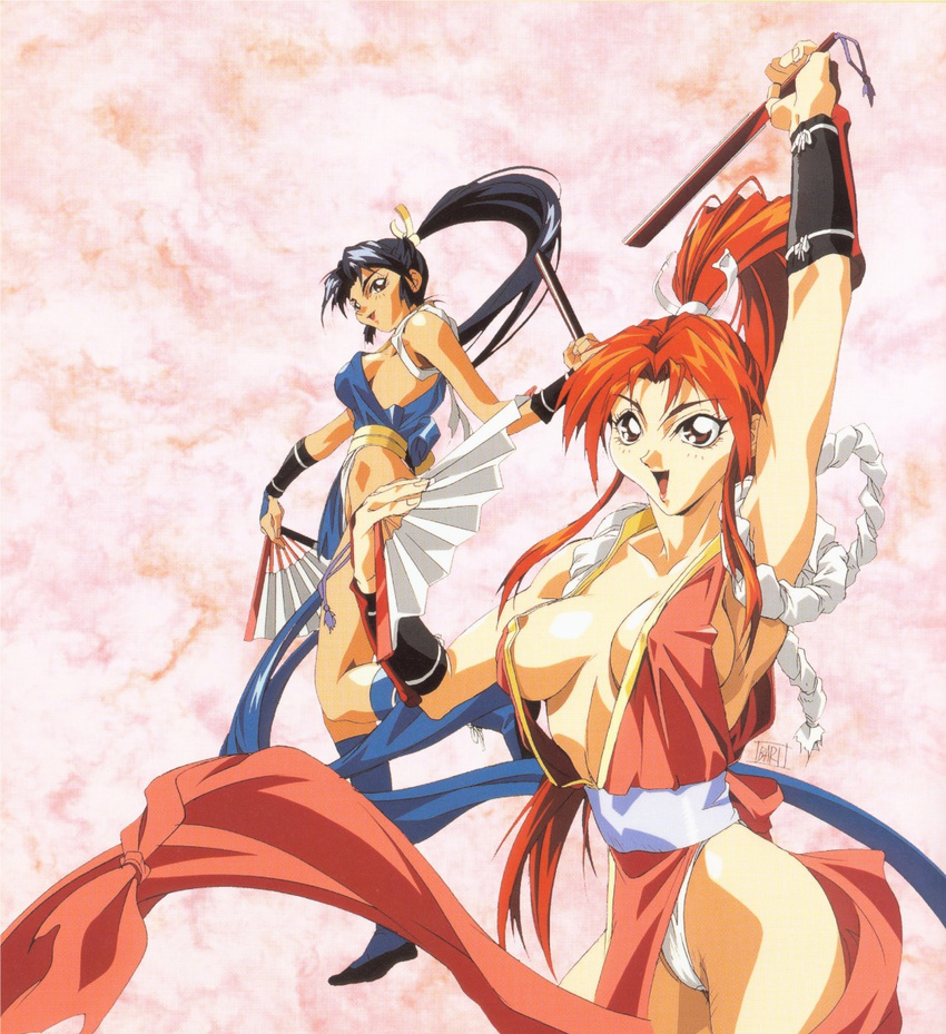 2girls 90s alternative_color cleavage fatal_fury king_of_fighters multiple_girls oldschool oobari_masami shiranui_mai sideboob smile