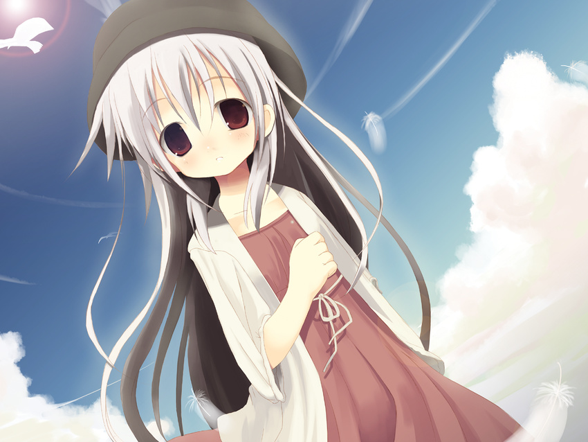 blush cardigan cloud copyright_request day dress feathers hat highres lens_flare long_hair shiro_(octet) sky solo white_hair