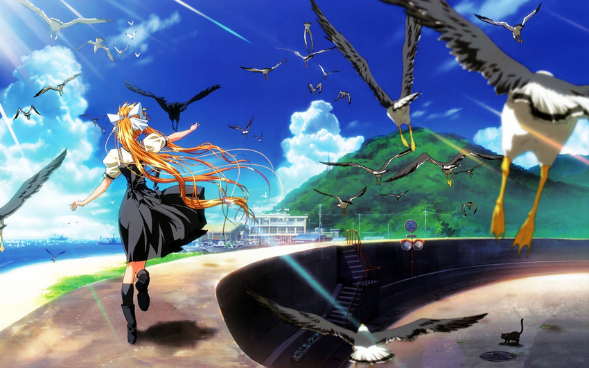 air aratani_tomoe bird blonde_hair cat crow day dress flock highres kamio_misuzu landscape long_hair ocean scenery school_uniform seagull solo sora_(air) very_long_hair wallpaper wind