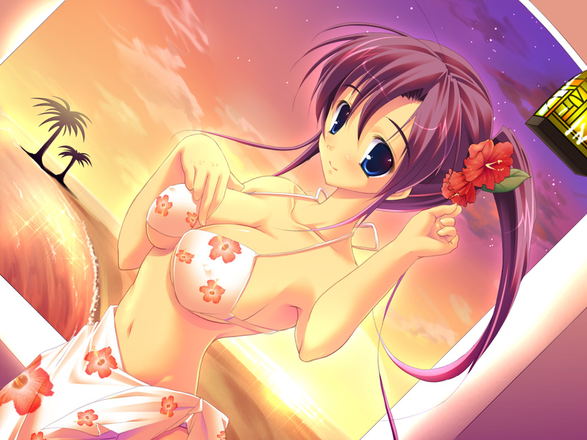 1girl beach bikini blue_eyes breasts cleavage cloud duplicate erect_nipples flower gradient gradient_background long_hair mikeou pink_chuchu sky solo star sunset swimsuit tree water