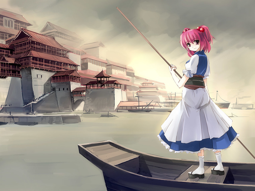 architecture boat city east_asian_architecture frills hair_bobbles hair_ornament harbor looking_back onozuka_komachi pink_eyes pink_hair pole sandals seo_tatsuya short_hair solo touhou two_side_up wallpaper water watercraft