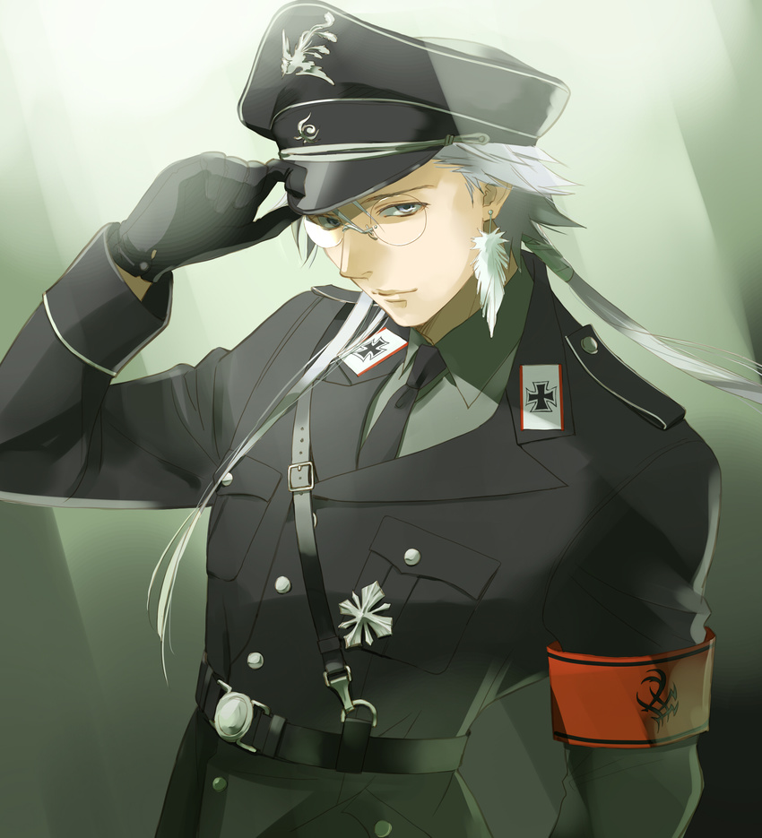 adjusting_clothes adjusting_hat arm_up armlet belt belt_buckle black_gloves black_jacket black_neckwear buckle buttons closed_mouth collared_shirt earrings feather_earrings feathers getbackers glasses gloves grey_shirt hat highres hirai_chika iron_cross jacket jewelry long_sleeves looking_at_viewer male_focus md5_mismatch military military_uniform necktie pocket rimless_eyewear round_eyewear shirt shoulder_belt smile solo toufuuin_saizou uniform wing_collar