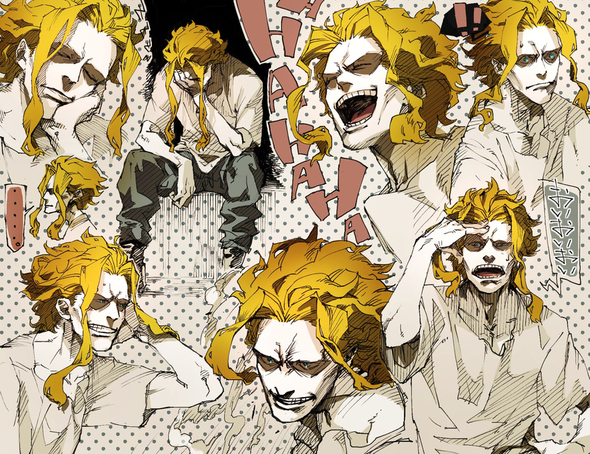 ... 1boy all_might bangs blonde_hair blue_eyes boku_no_hero_academia dust facepalm hand_on_own_cheek hand_on_own_chest highres karo_(tocoda965) laughing male_focus messy_hair multiple_views open_mouth shirt sitting sleeping spoken_ellipsis surprised teeth white_shirt