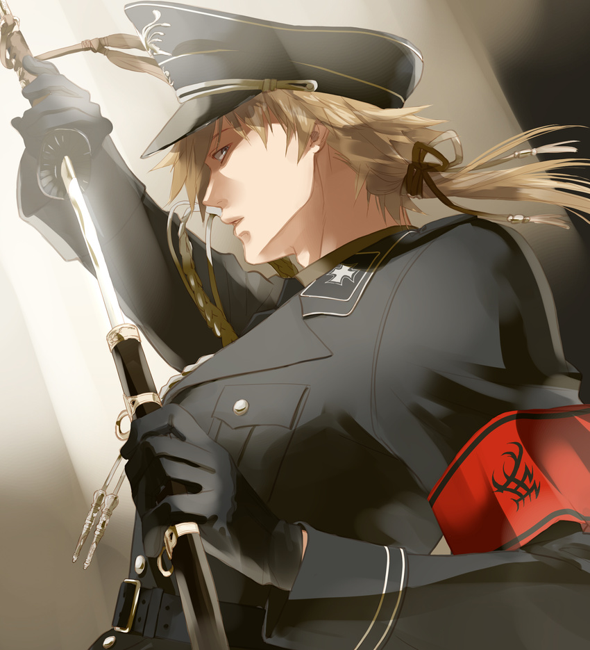 :o aiguillette backlighting belt belt_buckle black_gloves black_hat blonde_hair buckle buttons from_side getbackers glint gloves hat highres hirai_chika holding holding_sword holding_weapon iron_cross long_sleeves looking_at_viewer male_focus md5_mismatch military military_uniform open_mouth peaked_cap pocket profile sheath sheathed solo sword tassel uniform unsheathing upper_body uryuu_toshiki weapon