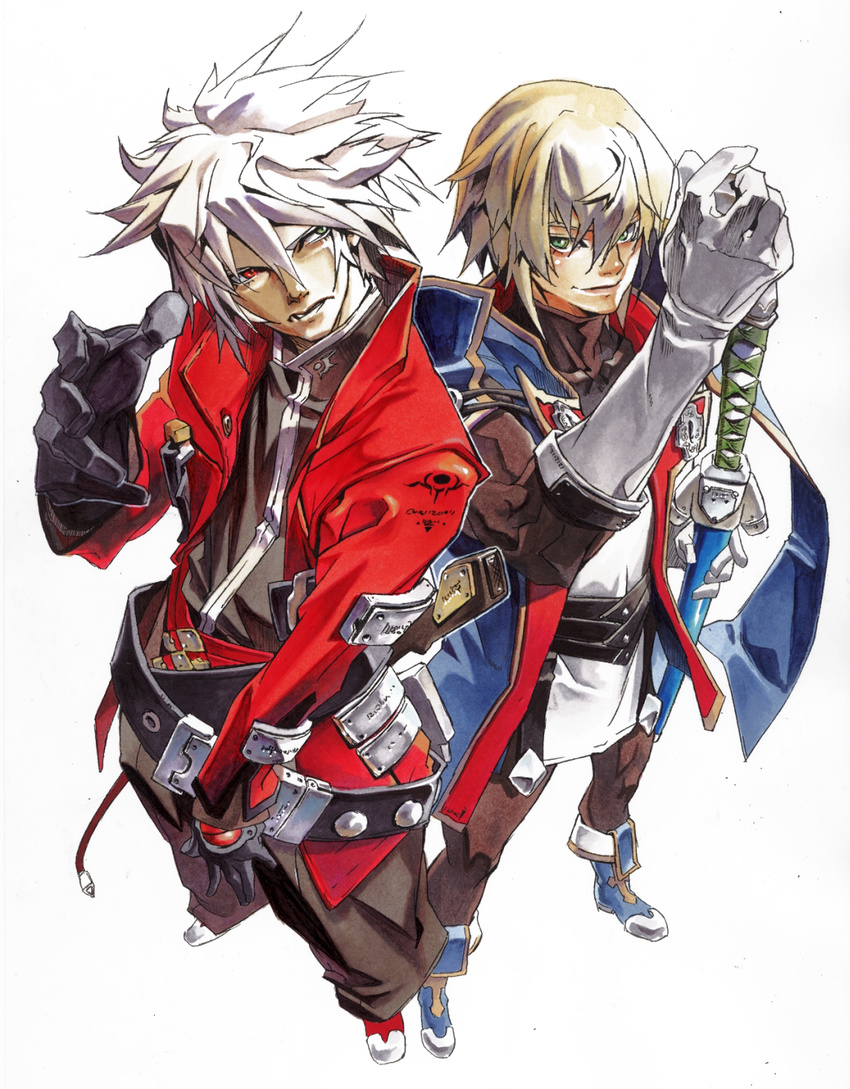 belt black_gloves black_pants blazblue blonde_hair gloves green_eyes hand_on_hilt heterochromia high_collar highres ishiwatari_daisuke jacket jin_kisaragi military military_uniform multiple_belts multiple_boys official_art pants perspective ragna_the_bloodedge red_eyes red_jacket spiked_hair uniform white_gloves white_hair yukianesa