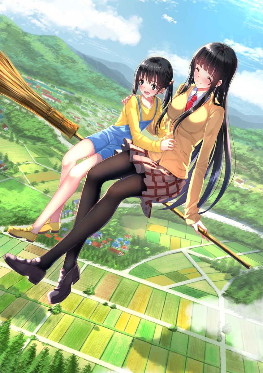 :d ^_^ arm_at_side arm_support bangs black_footwear black_hair blue_sky blunt_bangs blush breasts broom broom_riding building cardigan closed_eyes closed_mouth cloud collarbone collared_shirt cousins day dutch_angle eyebrows eyebrows_visible_through_hair flying flying_witch hair_bobbles hair_ornament hand_on_another's_shoulder highres holding house kowata_makoto kuramoto_chinatsu large_breasts loafers long_hair long_sleeves looking_down miniskirt mountain multiple_girls multiple_riders necktie open_mouth outdoors overalls pantyhose plaid plaid_skirt pleated_skirt red_neckwear rice_paddy school_uniform shirt shoes sidesaddle skirt sky smile swordsouls tree twintails village white_shirt yellow_footwear yellow_shirt