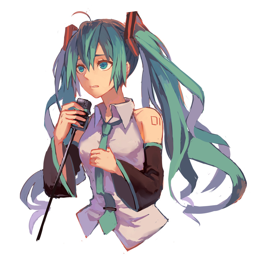 ahoge detached_sleeves green_eyes green_hair hatsune_miku highres kurenai907 long_hair microphone microphone_stand necktie solo twintails upper_body very_long_hair vocaloid white_background