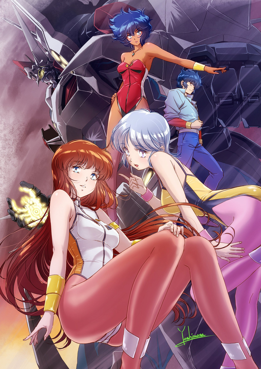 3girls absurdres blue_eyes blue_hair bracer breasts brown_hair brown_legwear dangaiou dark_skin highres lambda_nom leotard long_hair medium_breasts mia_alice multiple_girls pai_thunder pantyhose pink_legwear ranpu red_leotard rol_kuran short_hair silver_hair smile white_leotard yellow_leotard