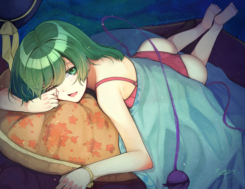 bad_id bad_pixiv_id barefoot green_eyes green_hair hat hat_removed headwear_removed komeiji_koishi lying on_stomach one_eye_closed open_mouth panties pillow red_panties scroll_lock_(scrool5) short_hair signature solo third_eye touhou underwear