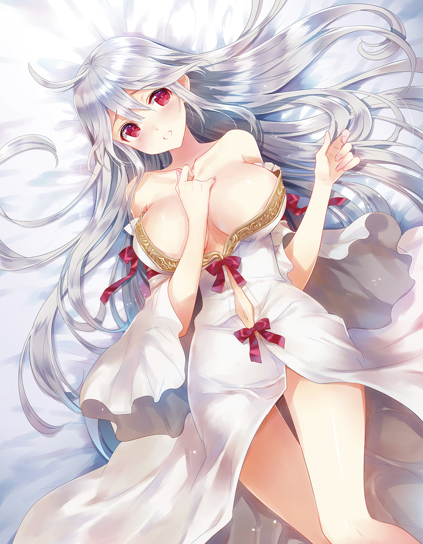 ahoge bare_shoulders breasts dress hand_on_own_chest highres kasukabe_akira large_breasts long_hair lying navel on_back ore_no_pet_wa_seijo-sama red_eyes scan silver_hair smile solo very_long_hair white_dress