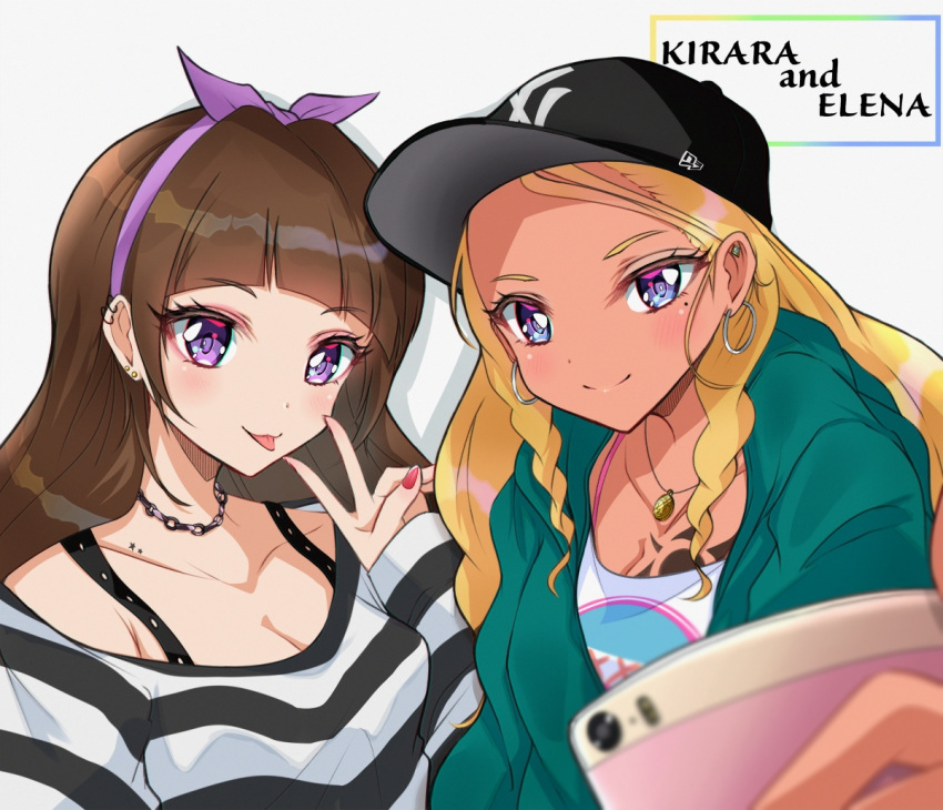 2girls :p amamiya_erena amanogawa_kirara bangs baseball_cap black_hat black_shirt blonde_hair blurry blurry_foreground breasts brown_hair cellphone character_name chest_tattoo cleavage closed_mouth collarbone dark_skin depth_of_field ear_piercing earrings eyebrows_visible_through_hair go!_princess_precure green_hoodie hairband hand_up hat holding holding_phone hood hoodie hoop_earrings jewelry long_hair long_sleeves looking_at_viewer medium_breasts mole mole_under_eye multiple_girls nail_polish necklace open_clothes open_hoodie phone piercing precure purple_eyes purple_hairband red_nails rudo_(rudorudo0917) self_shot shiny shiny_hair shirt sidelocks sleeves_past_wrists smartphone smile star star_twinkle_precure striped striped_shirt tattoo tongue tongue_out upper_body v white_background white_shirt