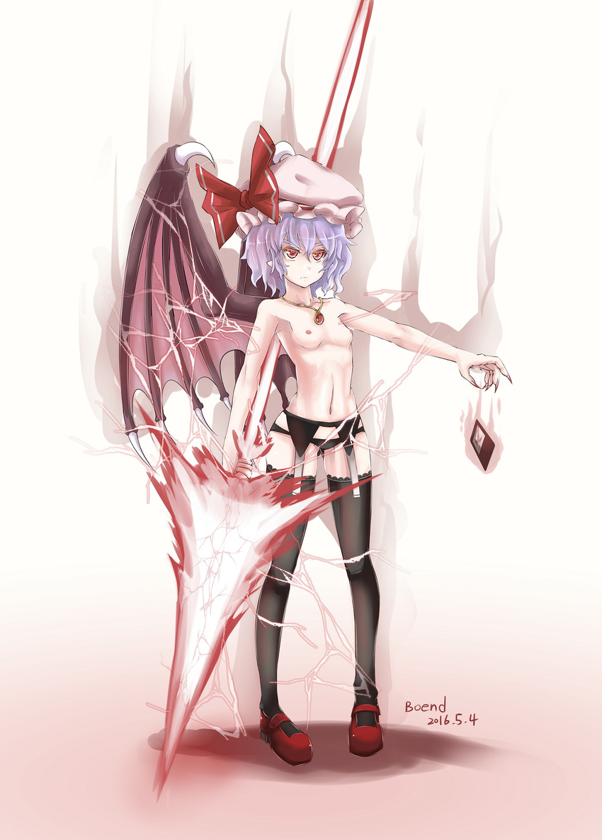 3: b.d black_legwear black_panties bow breasts dated demon_wings energy_spear fingernails frown full_body furrowed_eyebrows garter_belt gradient gradient_background gungnir_(weapon) hat hat_bow highres jewelry lingerie long_fingernails mob_cap navel nipples outstretched_arm panties pendant pointy_ears polearm purple_hair red_eyes remilia_scarlet serious sharp_fingernails shoes short_hair simple_background slit_pupils small_breasts solo spear spear_the_gungnir spell_card thighhighs topless touhou underwear underwear_only v-shaped_eyebrows wavy_hair weapon wings