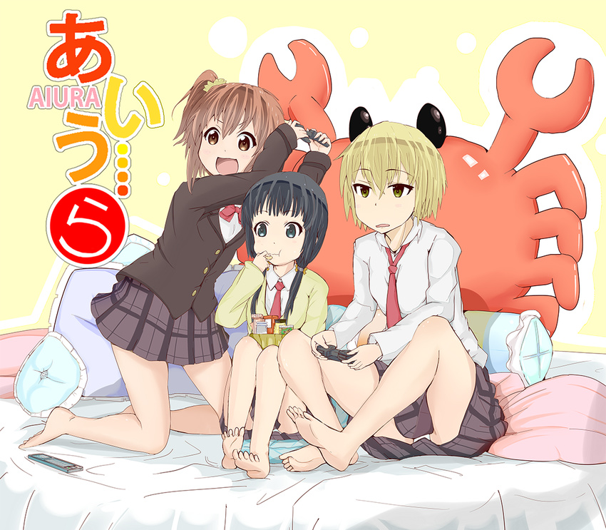 aiura amaya_kanaka animal bed black_hair blonde_hair brown_eyes brown_hair copyright_name crab eating feet food game_controller iwasawa_saki kneeling multiple_girls necktie panties pantyshot pillow ponytail school_uniform side_ponytail sitting skirt uehara_ayuko upskirt yellow_eyes