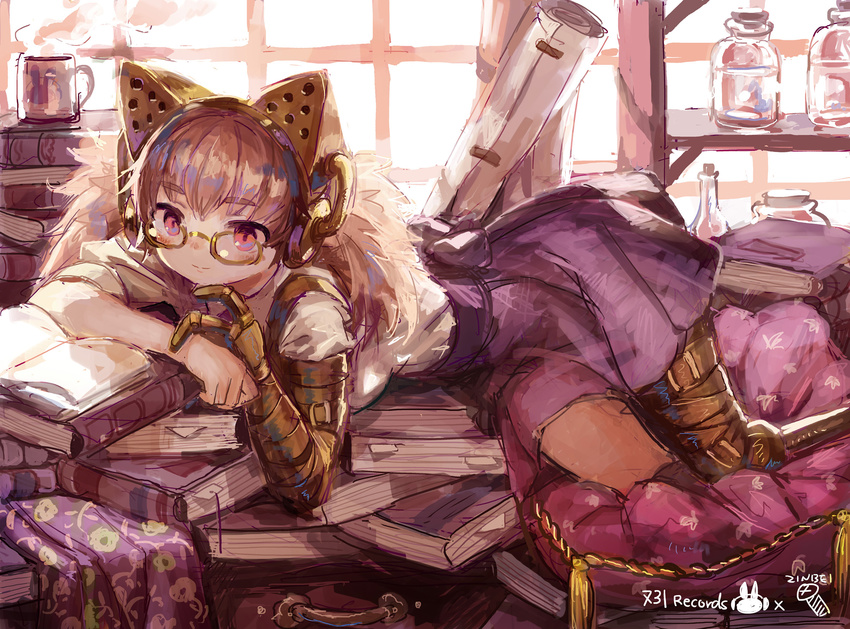 animal_ears blonde_hair book cup cushion glasses highres indoors jar long_hair lying mechanical_arm mechanical_ears mechanical_leg mug on_side original pink_eyes shelf solo steam window zinbei