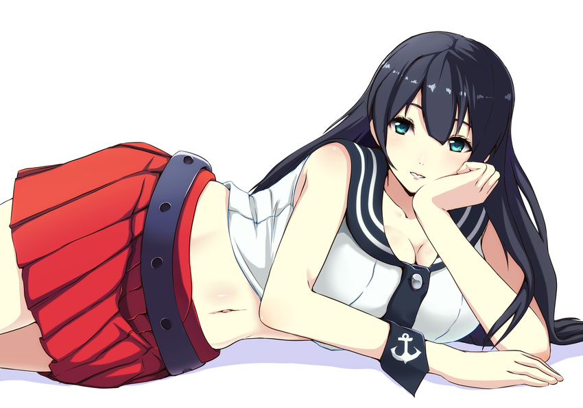 absurdres agano_(kantai_collection) anchor_symbol bare_shoulders belt black_hair blue_eyes bondo_(borndragon) breasts head_rest highres kantai_collection large_breasts long_hair looking_at_viewer lying midriff navel necktie no_gloves on_side pleated_skirt red_skirt school_uniform serafuku skirt sleeveless solo