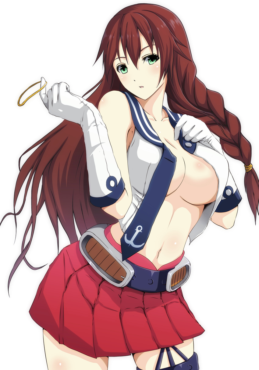 absurdres adjusting_hair anchor_symbol bangs belt blush bondo_(borndragon) braid breasts brown_hair gloves green_eyes hair_between_eyes highres kantai_collection large_breasts long_hair looking_at_viewer navel necktie no_bra noshiro_(kantai_collection) open_clothes open_shirt pleated_skirt red_skirt school_uniform serafuku shirt single_thighhigh skirt sleeveless solo swept_bangs thighhighs transparent_background white_gloves