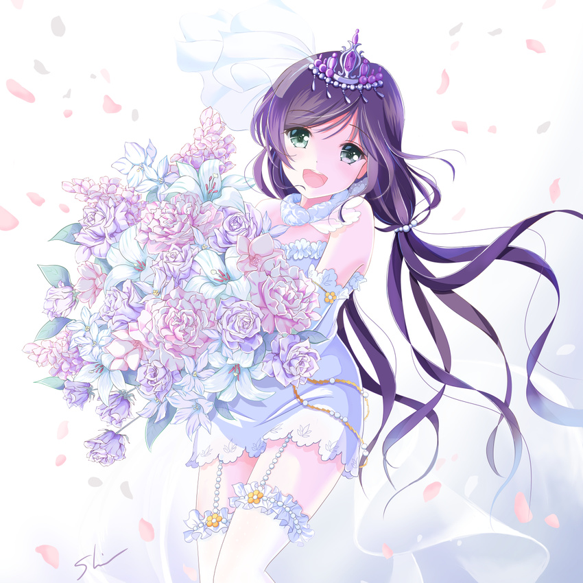 :d bangs beads bouquet bridal_veil dress elbow_gloves flower frilled_legwear garter_straps gloves head_tilt highres holding holding_bouquet lace lace-trimmed_dress lace-trimmed_gloves lily_(flower) long_hair looking_at_viewer love_live! love_live!_school_idol_festival love_live!_school_idol_project low_twintails open_mouth petals pink_flower pink_rose purple_hair rose see-through shino_(shinderera) short_dress sleeveless sleeveless_dress smile solo swept_bangs thighhighs tiara toujou_nozomi twintails veil very_long_hair wedding_dress white_dress white_flower white_gloves white_legwear white_rose