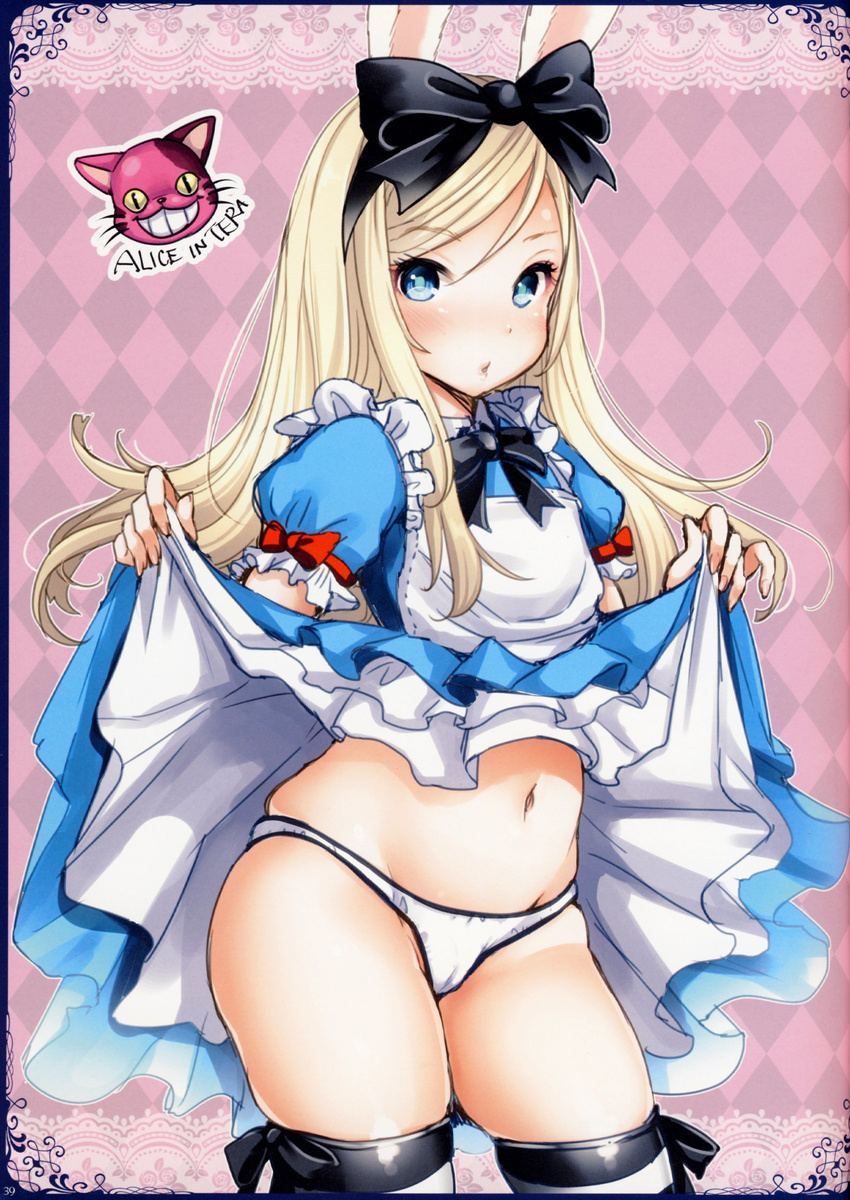 absurdres alice_(wonderland) alice_(wonderland)_(cosplay) alice_in_wonderland animal_ears argyle argyle_background belly blonde_hair blue_eyes blush bow bunny_ears cameltoe cheshire_cat cosplay cowboy_shot dress dress_lift elin_(tera) hair_bow hairband highres long_hair looking_at_viewer mojarin_(kihara_mojarin) navel panties pursed_lips solo striped striped_legwear tera_online thighhighs underwear white_panties