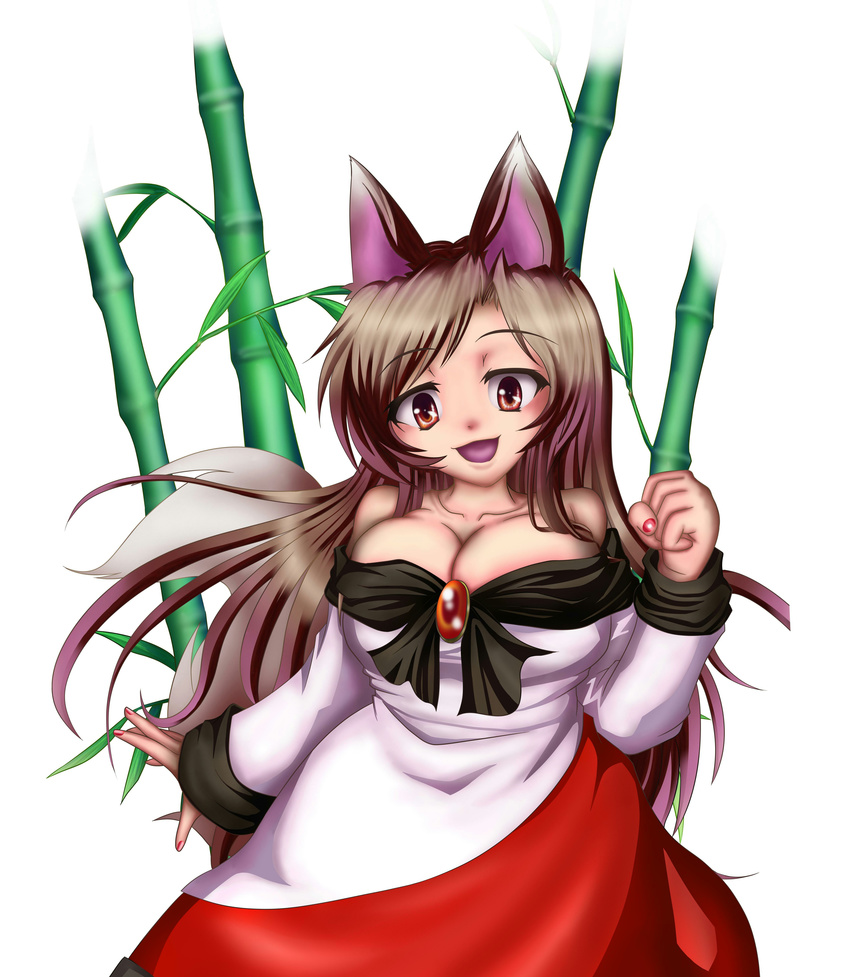 absurdres animal_ears bamboo bamboo_forest breasts brooch brown_hair cleavage collarbone dress forest highres imaizumi_kagerou jewelry large_breasts long_sleeves looking_at_viewer nail_polish nature open_mouth red_eyes red_nails simple_background solo tail touhou white_background wide_sleeves wolf_ears wolf_tail yukise_mikono