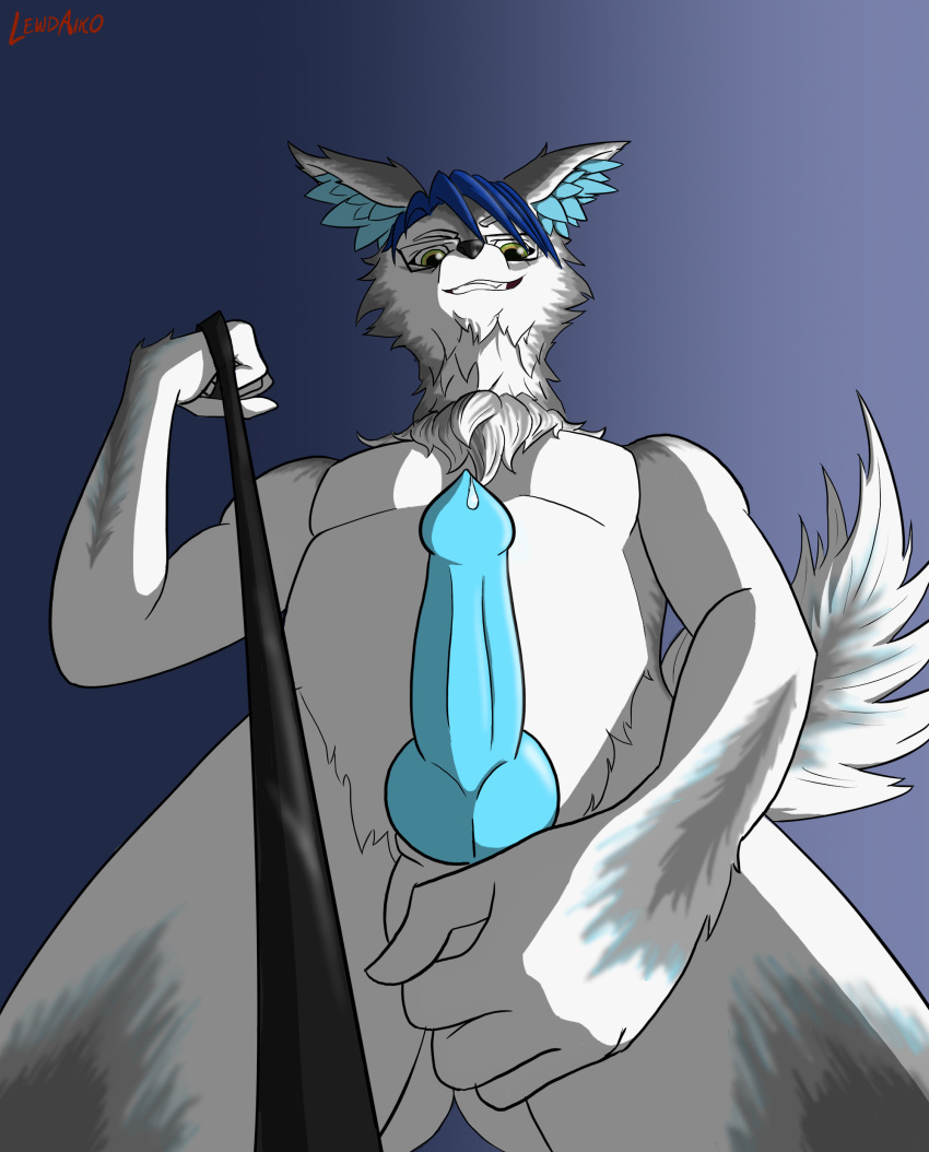 2018 balls canid canine canis digital_drawing_(artwork) digital_media_(artwork) domestic_dog domination eyewear first_person_view glasses husky kink leash leashed_viewer lewdaiko_(artist) looking_down male mammal penis perspective precum