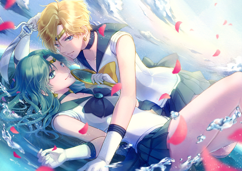 aqua_hair arm_support bangs bishoujo_senshi_sailor_moon blonde_hair blue_choker blue_eyes blue_sailor_collar blue_skirt bow brooch choker closed_mouth cloud collarbone day deep_aqua_mirror dutch_angle earrings gloves green_eyes green_hair hair_between_eyes holding holding_sword holding_weapon jewelry kaiou_michiru koyami_tsukito long_hair looking_at_viewer lying magical_girl miniskirt motion_blur multiple_girls on_back on_side outer_senshi parted_bangs partially_submerged petals pleated_skirt sailor_collar sailor_neptune sailor_senshi sailor_senshi_uniform sailor_uranus shade short_hair skirt sky sleeveless smile space_sword sparkle swept_bangs sword ten'ou_haruka tiara very_short_hair water weapon white_gloves yellow_bow yuri