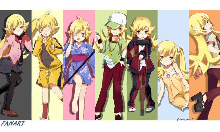 araragi_karen araragi_karen_(cosplay) araragi_tsukihi araragi_tsukihi_(cosplay) bakemonogatari blonde_hair cosplay crowbar crutch fang fooring gaen_izuko gaen_izuko_(cosplay) hanamonogatari hat headphones hood hooded_jacket jacket japanese_clothes kagenui_yozuru kagenui_yozuru_(cosplay) kimono long_hair monogatari_(series) multiple_girls nisemonogatari numachi_rouka numachi_rouka_(cosplay) oikura_sodachi oikura_sodachi_(cosplay) oshino_ougi oshino_ougi_(cosplay) oshino_shinobu owarimonogatari pantyhose school_uniform sleepwear sleeves_past_wrists track_suit twintails yellow_eyes