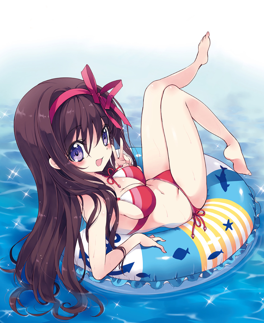 :d bare_legs barefoot bikini blush breasts brown_hair cleavage hair_between_eyes hair_ribbon highres innertube leg_up long_hair looking_back medium_breasts navel open_mouth ore_no_nounai_sentakushi_ga_gakuen_love-comedy_wo_zenryoku_de_jama_shiteiru outdoors purple_eyes reclining red_bikini ribbon scan side-tie_bikini smile solo swimsuit water yukiwo yuuouji_ouka