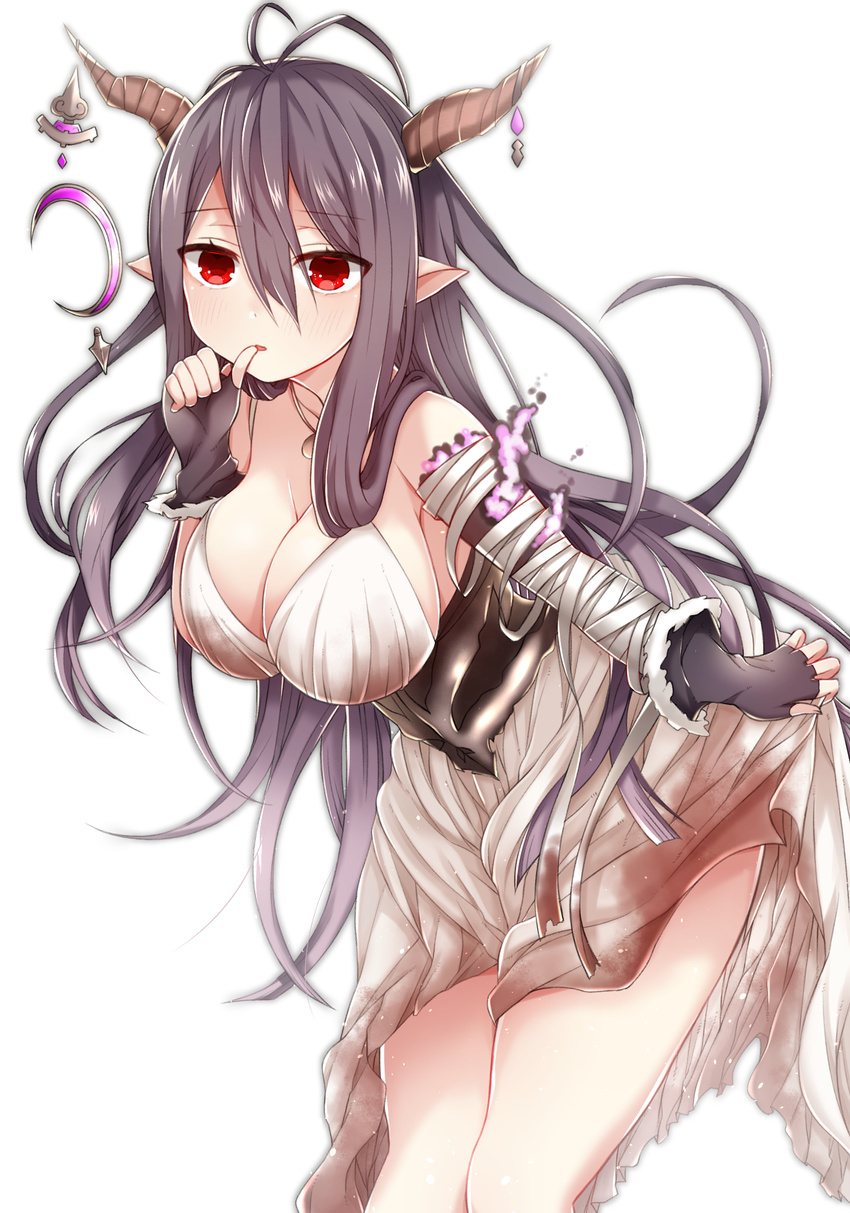 :o akirannu antenna_hair bad_id bad_pixiv_id bandaged_arm bandages bangs black_gloves black_hair blush breasts cowboy_shot crescent danua draph dress eyebrows eyebrows_visible_through_hair fingerless_gloves fur_trim gloves granblue_fantasy hair_between_eyes highres horn_ornament horns jewelry large_breasts leaning_forward long_hair looking_at_viewer necklace pointy_ears red_eyes simple_background solo very_long_hair white_background white_dress
