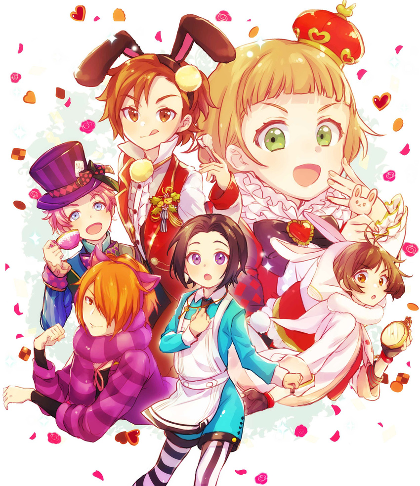 :d absurdres akariko akizuki_ryou alice_(wonderland) alice_(wonderland)_(cosplay) alice_in_wonderland animal_ears animal_hood apron black_hair blonde_hair blue_eyes brown_eyes brown_hair bunny_ears bunny_hood checkerboard_cookie cheshire_cat cheshire_cat_(cosplay) clock cookie cosplay crown cup f-lags_(idolmaster) flower food green_eyes green_hair hair_over_one_eye hat heart highres himeno_kanon holding hood idolmaster idolmaster_side-m kabuto_daigo key licking_lips mad_hatter mad_hatter_(cosplay) male_focus march_hare march_hare_(cosplay) mini_crown mofumofuen multiple_boys okamura_nao open_mouth orange_eyes orange_hair parody pom_pom_(clothes) purple_eyes queen_of_hearts queen_of_hearts_(cosplay) red_flower red_rose rose scarf smile tachibana_shirou teacup tongue tongue_out top_hat tsukumo_kazuki weapon white_rabbit white_rabbit_(cosplay)