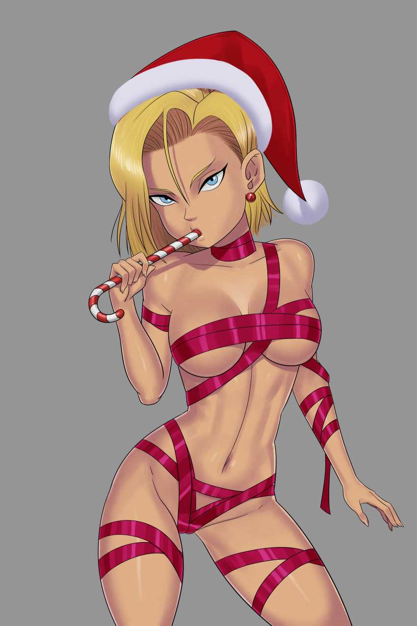 1girl absurdres android_18 blonde_hair blue_eyes bob_cut breasts candy candy_cane covering covering_crotch covering_nipples dragon_ball dragonball_z earrings food functionally_nude fur_trim grey_background groin hat highres jewelry legs legs_apart looking_at_viewer medium_breasts navel nude santa_hat sexually_suggestive short_hair simple_background solo standing sunsetriders7 thighs