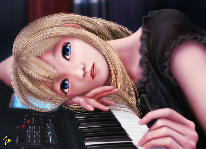 blue_eyes blurry depth_of_field ebi_(eeotoko) eyelashes highres instrument k-on! keyboard_(instrument) kotobuki_tsumugi lips lying parted_lips solo