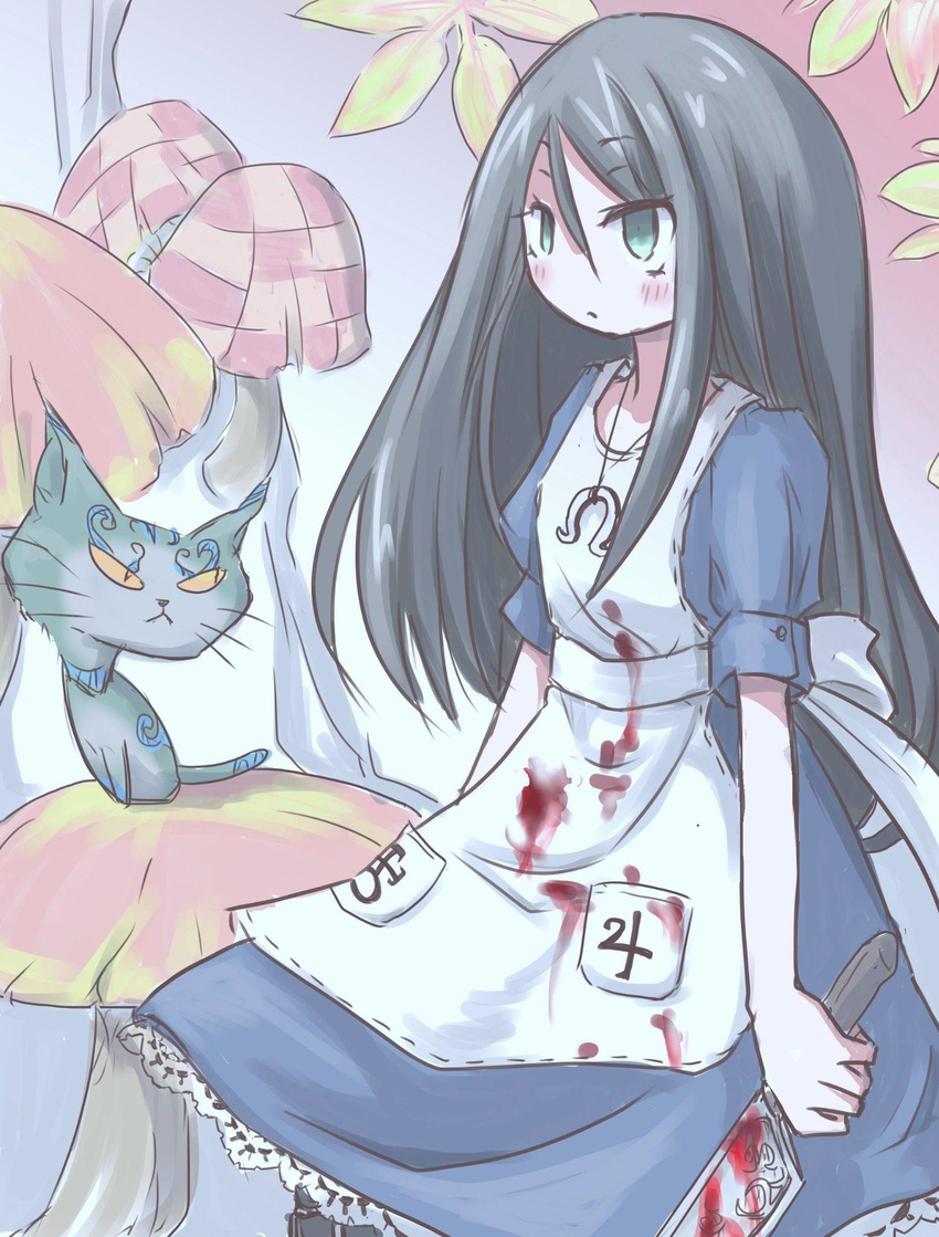 alice:_madness_returns alice_(wonderland) alice_in_wonderland alternate_hair_color american_mcgee's_alice apron black_hair blank_stare blood bloody_knife blush cat cheshire_cat dress expressionless flower green_eyes highres holding holding_knife horseshoe knife long_hair mushroom number qt_project solo