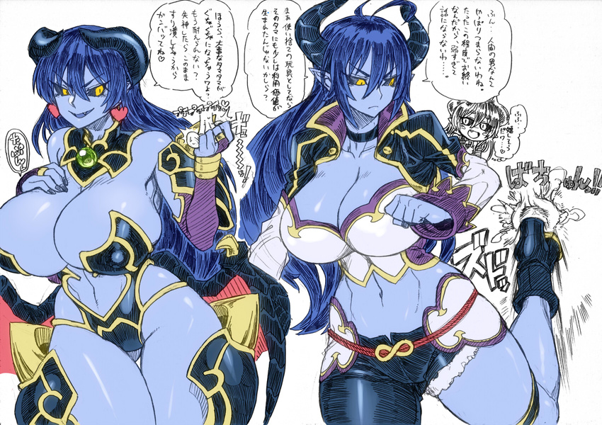 ahoge asmodeus_(shinrabanshou) astaroth_(shinrabanshou) asymmetrical_clothes bdsm black_sclera blue_hair blue_skin breasts bridal_gauntlets choker cleavage covered_nipples crotch_kick crushing demon_girl demon_horns earrings hair_between_eyes heart heart_earrings highres horns huge_breasts jewelry long_hair low_wings multiple_girls pointy_ears revealing_clothes shinrabanshou single_pantsleg space_jin tamakeri testicles thigh_gap translation_request wings yellow_eyes