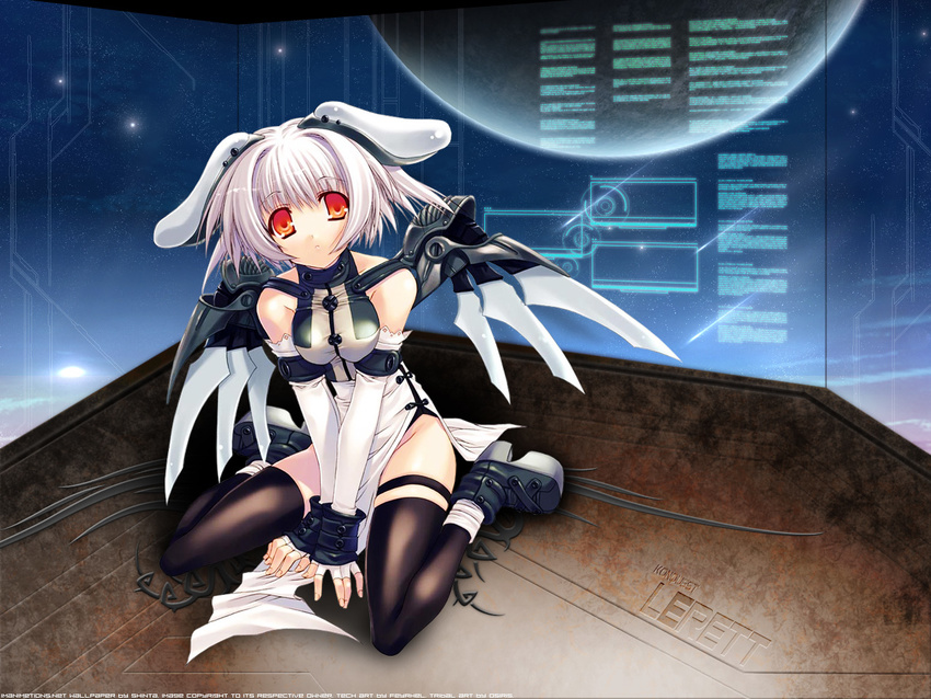animal_ears artist_request brown_eyes copyright_request detached_sleeves mechanical_wings platform_footwear robot solo space thighhighs white_hair wings