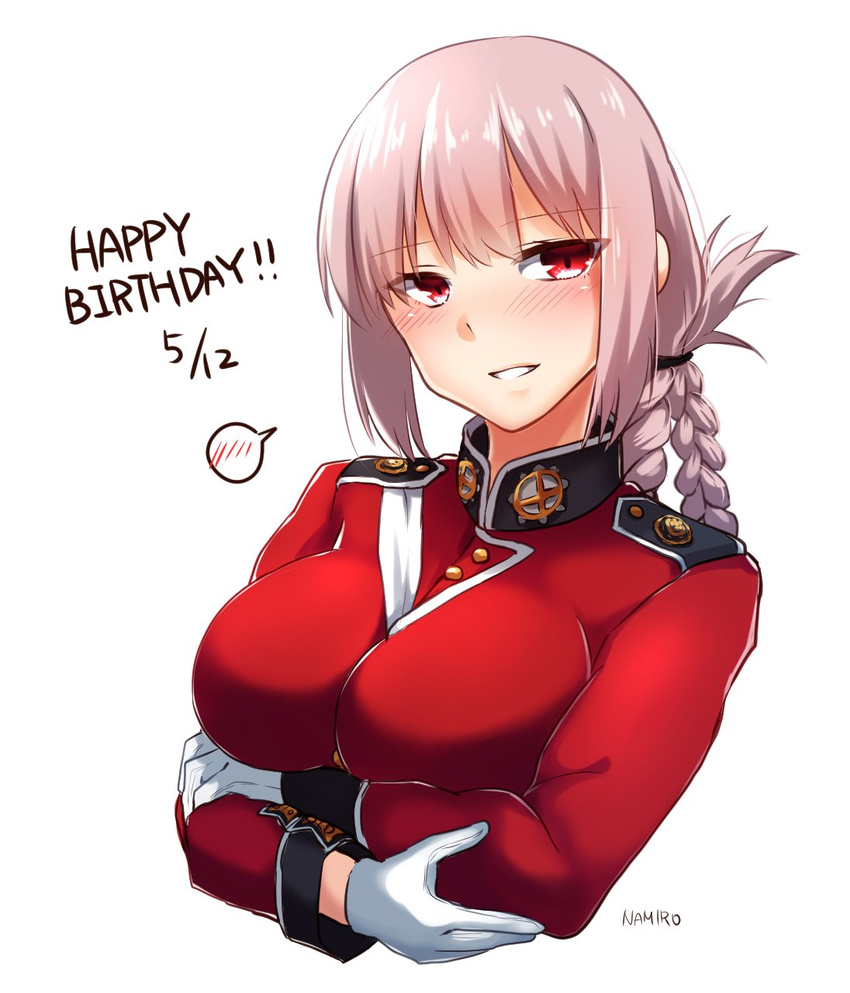 artist_name blush braid breasts crossed_arms dated english fate/grand_order fate_(series) florence_nightingale_(fate/grand_order) gloves happy_birthday highres ichiren_namiro large_breasts pink_hair red_eyes single_braid smile solo spoken_blush uniform upper_body